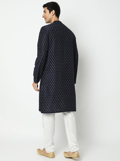 Men's Navy Blue Polyester Viscose Printed Kurta