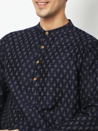 Men's Navy Blue Polyester Viscose Printed Kurta