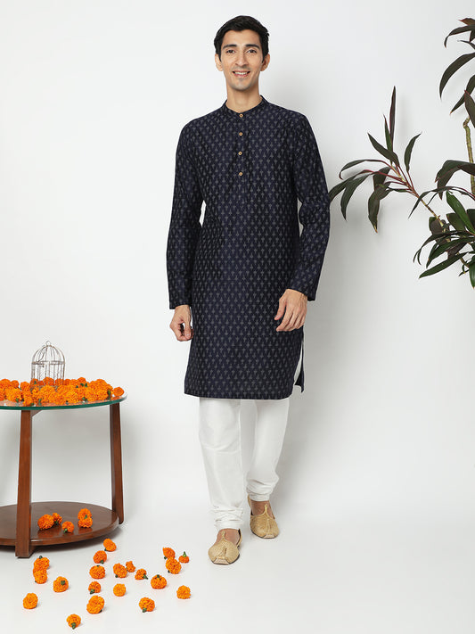 Men's Navy Blue Polyester Viscose Printed Kurta