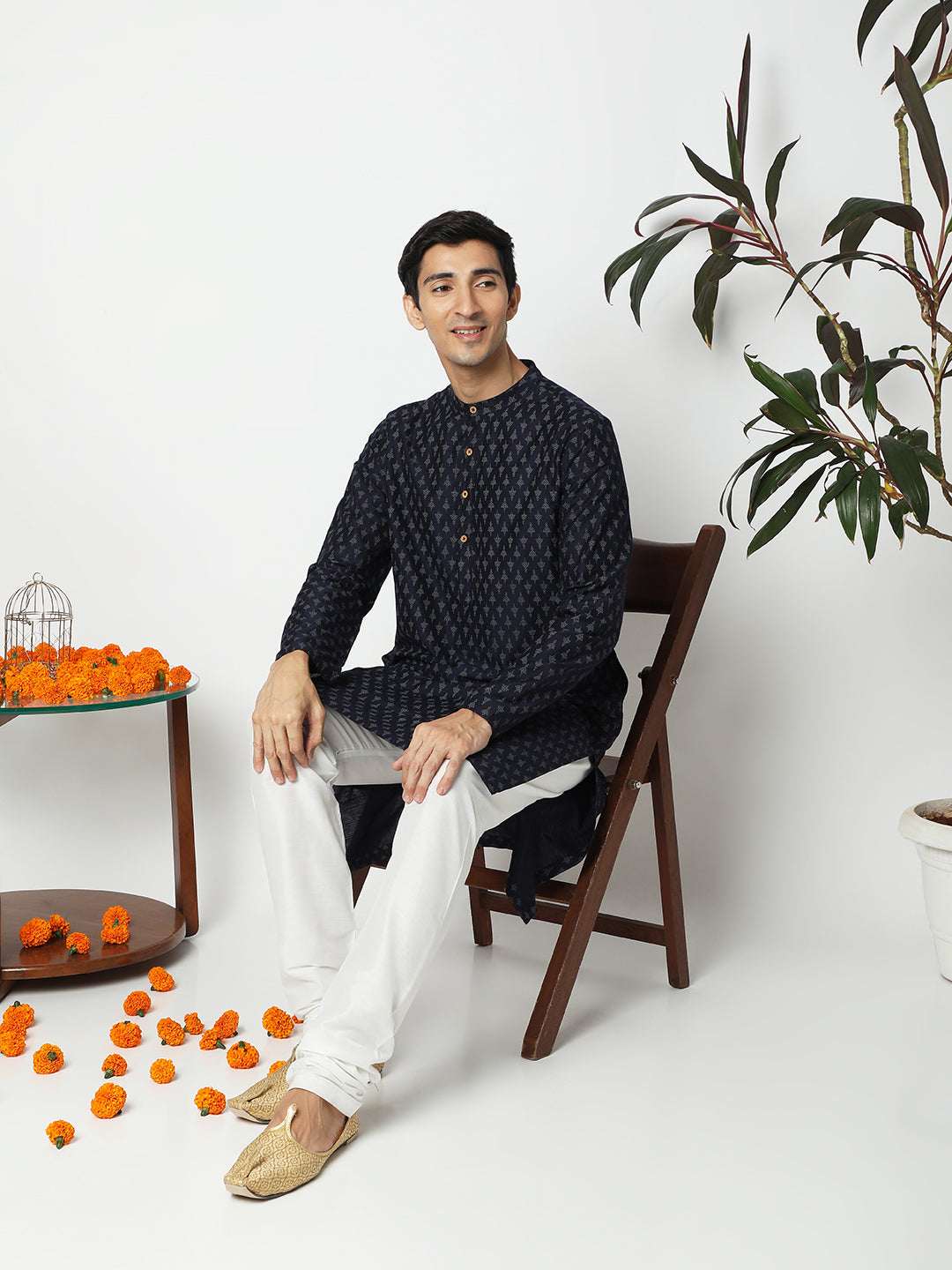 Men's Navy Blue Polyester Viscose Printed Kurta
