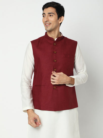 Matchles Men's Maroon Linen Solid Jackets