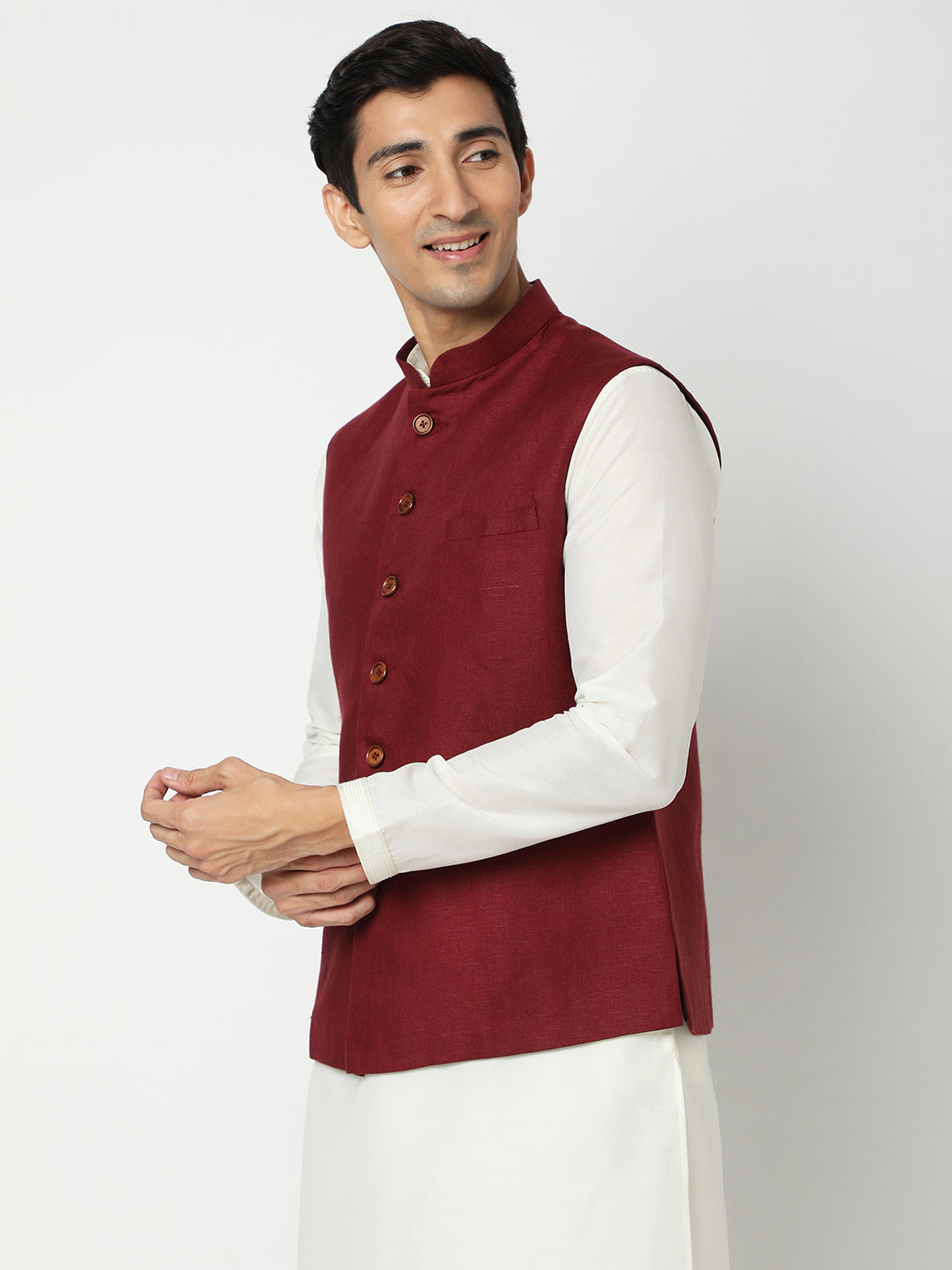 Matchles Men's Maroon Linen Solid Jackets