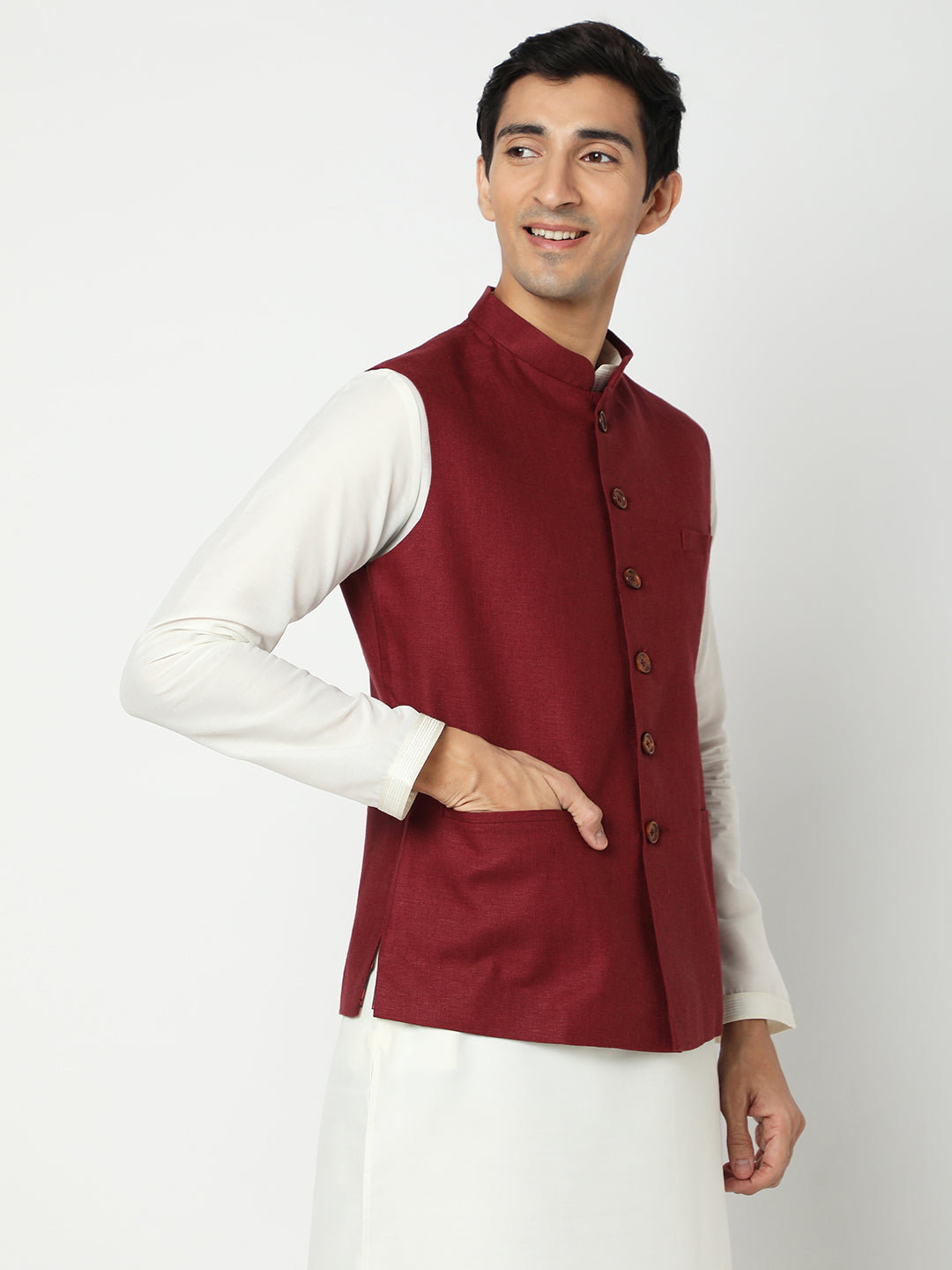 Matchles Men's Maroon Linen Solid Jackets