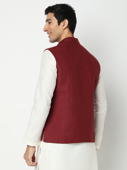 Matchles Men's Maroon Linen Solid Jackets