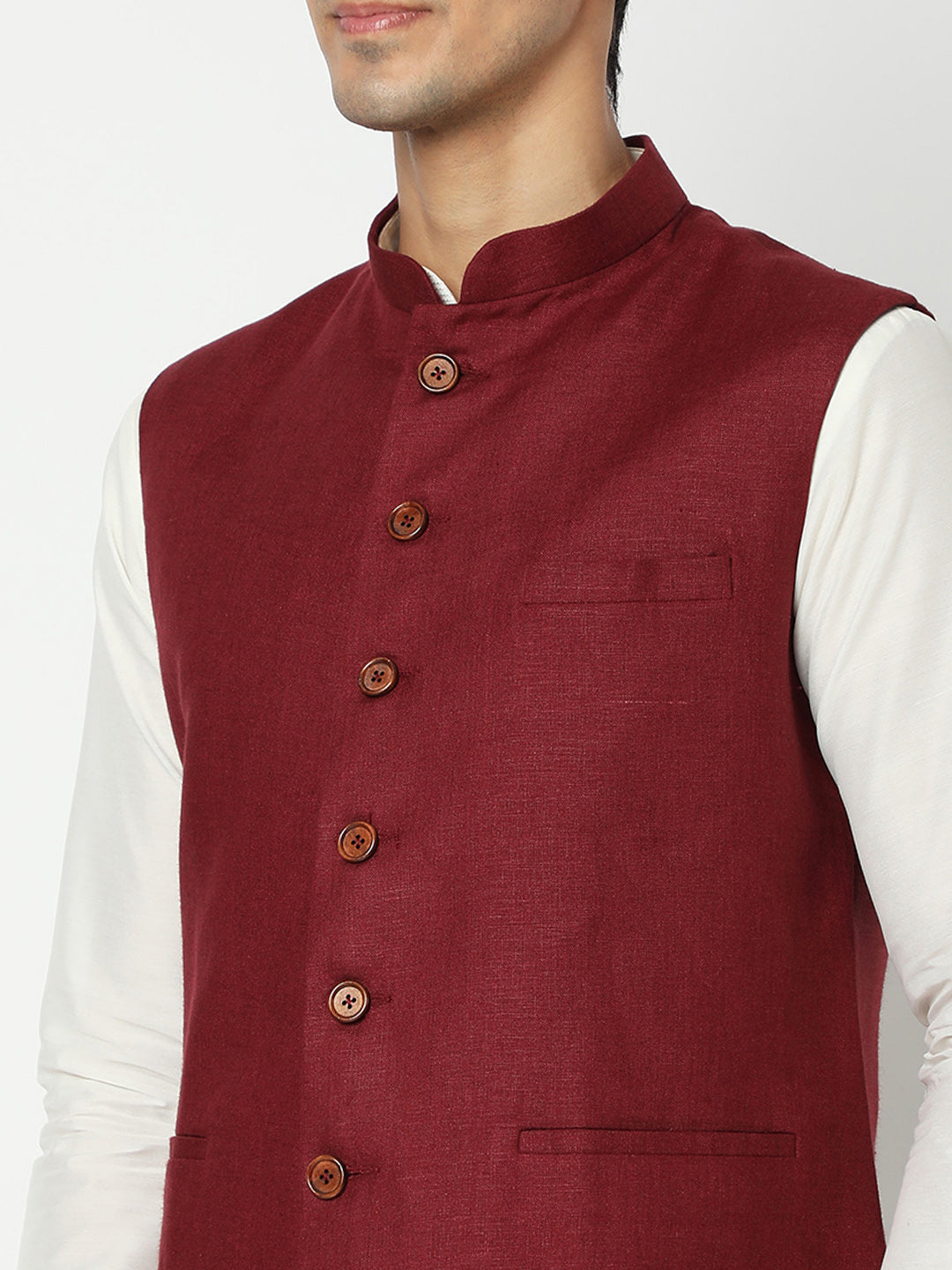 Matchles Men's Maroon Linen Solid Jackets