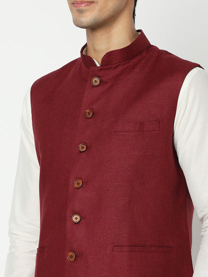 Matchles Men's Maroon Linen Solid Jackets