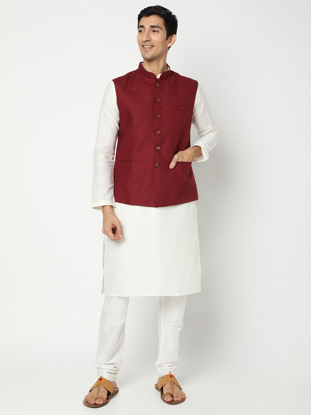 Matchles Men's Maroon Linen Solid Jackets