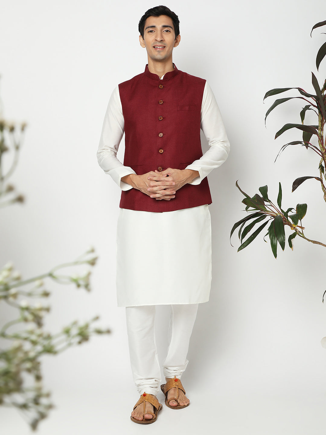 Matchles Men's Maroon Linen Solid Jackets