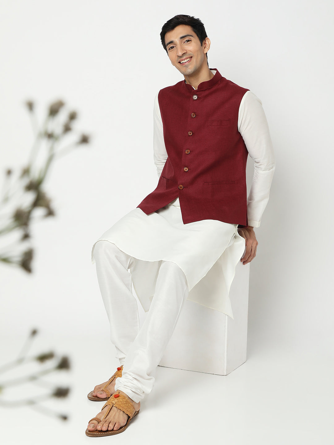 Matchles Men's Maroon Linen Solid Jackets