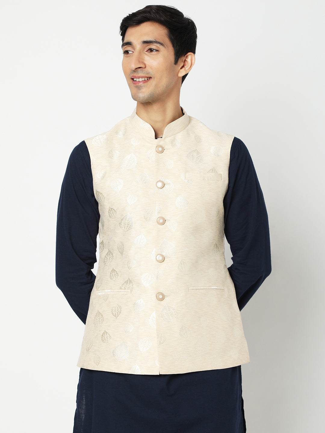 Men's Beige Polyester Jacquard Jackets