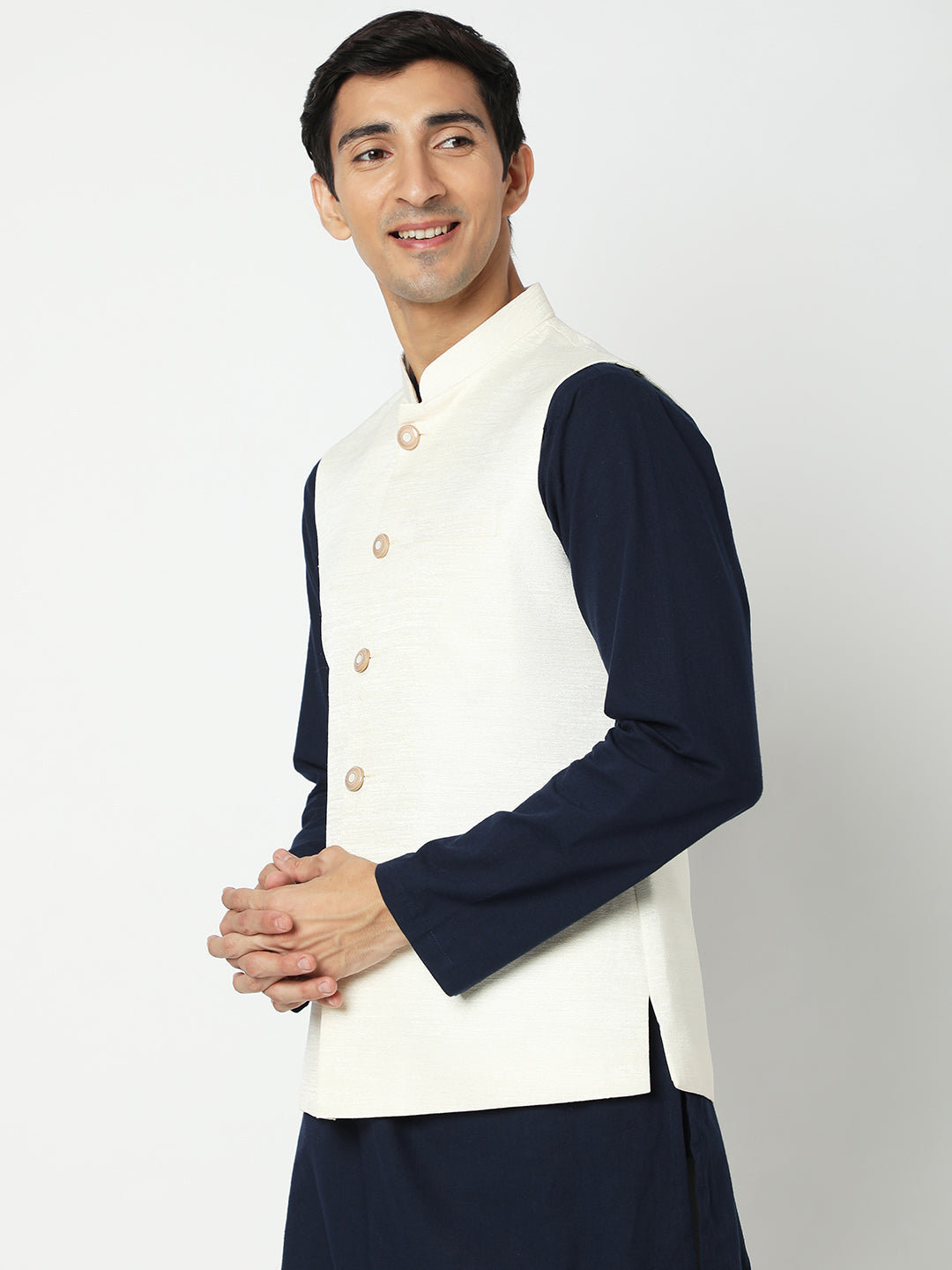 Men's Off White Polyester Solid Jackets