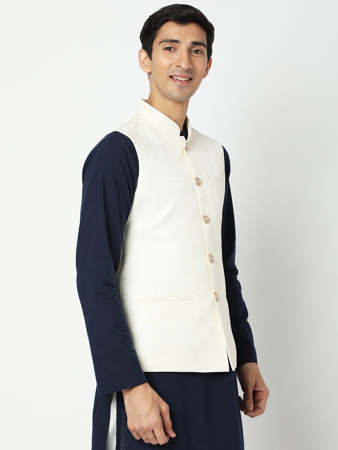 Men's Off White Polyester Solid Jackets