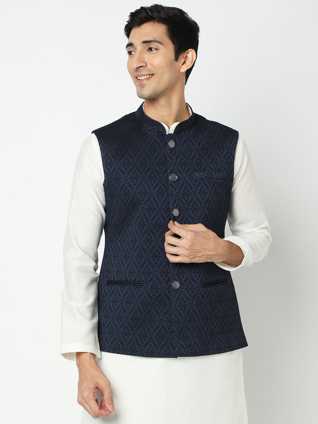 Men's Navy Blue Polyester Jacquard Jackets
