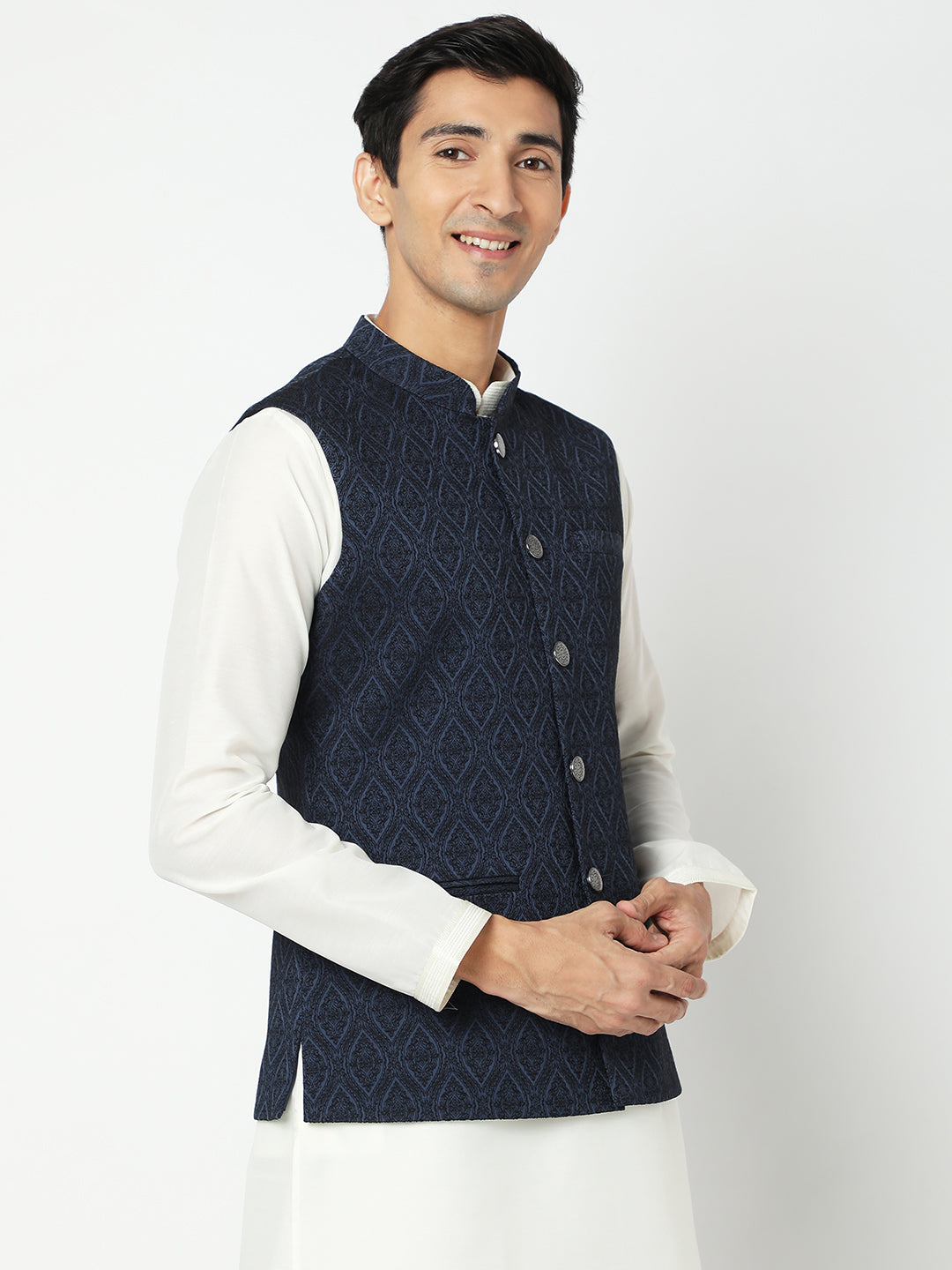 Men's Navy Blue Polyester Jacquard Jackets