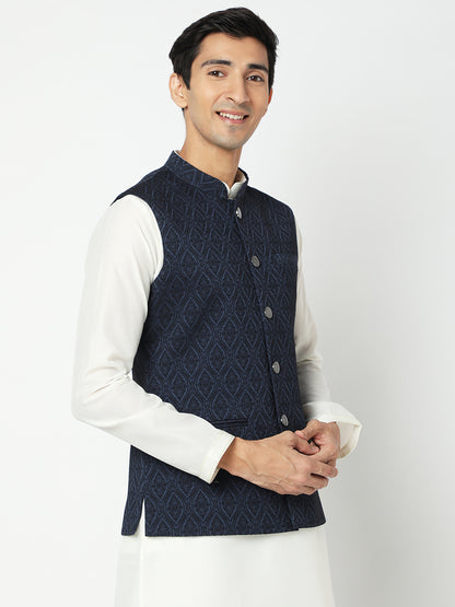 Men's Navy Blue Polyester Jacquard Jackets