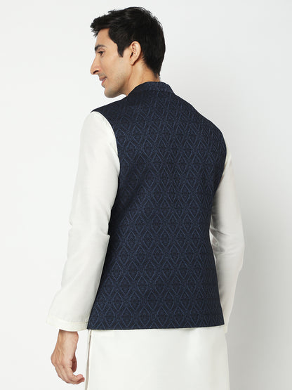 Men's Navy Blue Polyester Jacquard Jackets