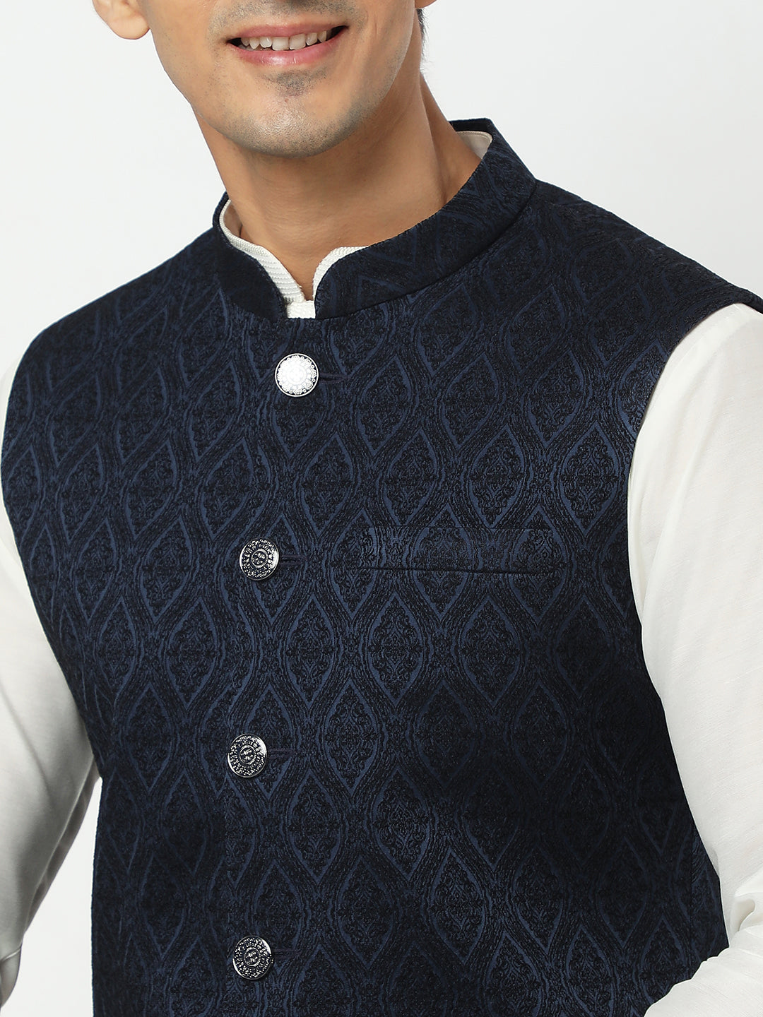 Men's Navy Blue Polyester Jacquard Jackets