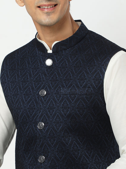 Men's Navy Blue Polyester Jacquard Jackets