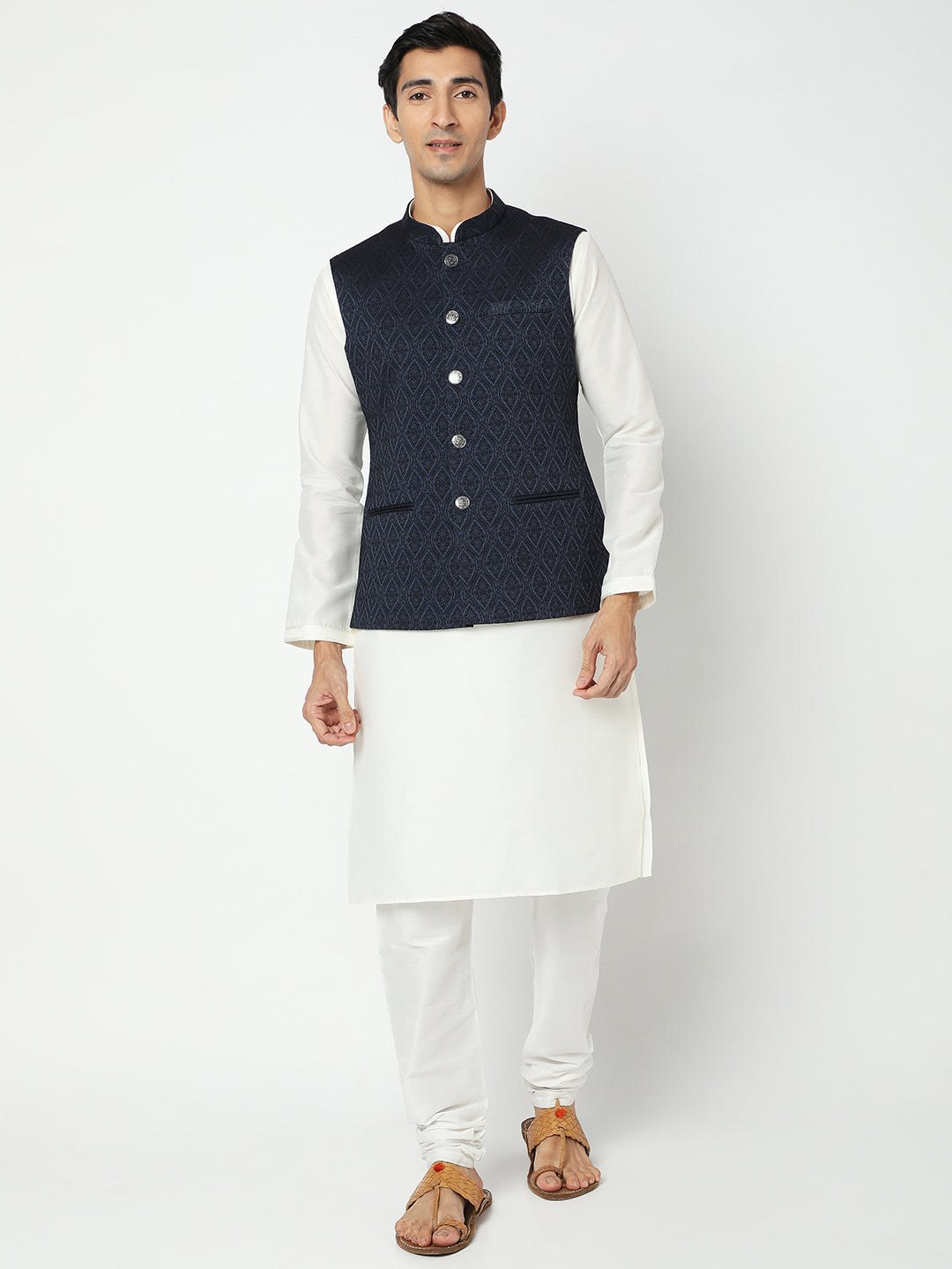 Men's Navy Blue Polyester Jacquard Jackets