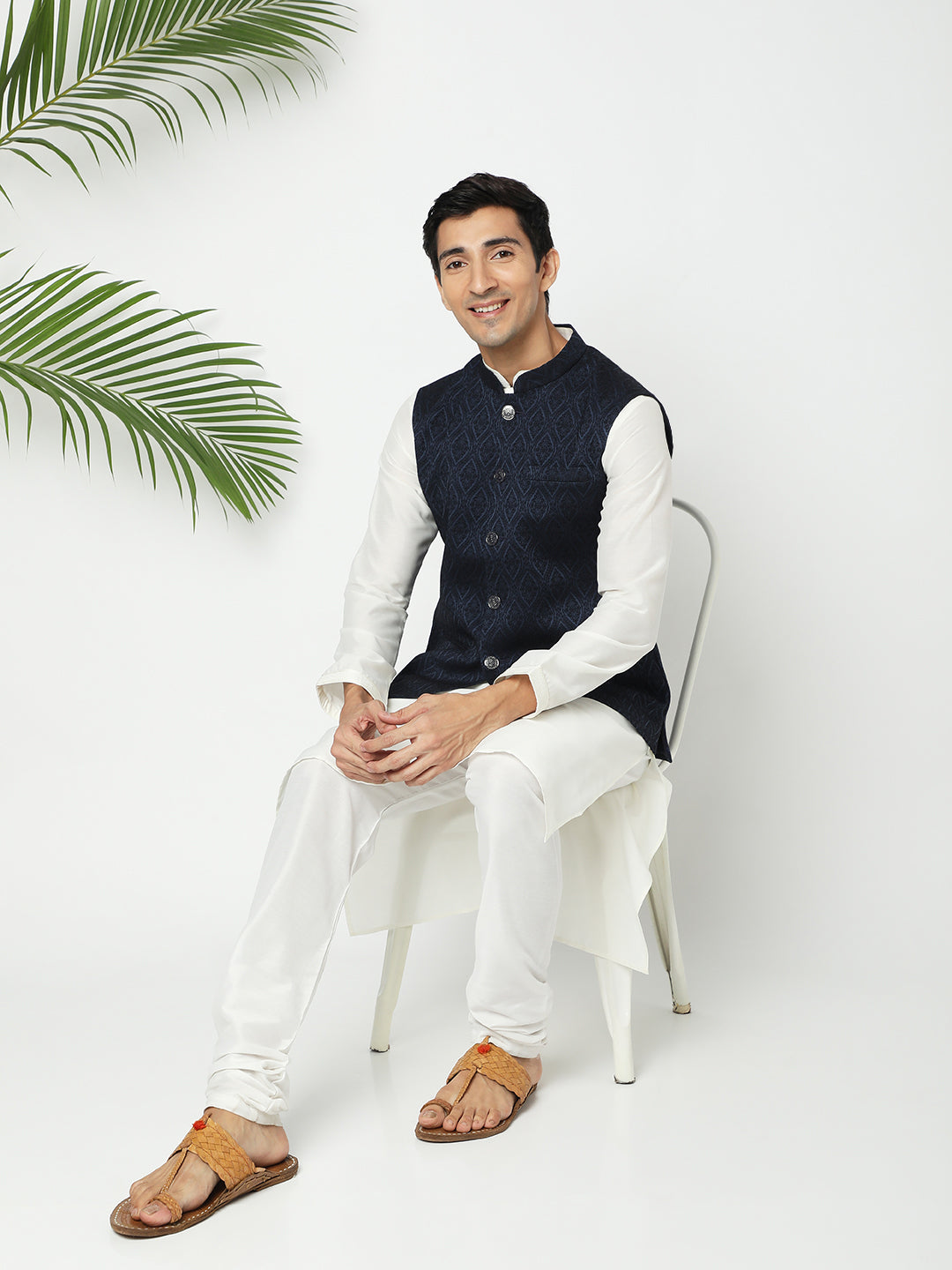Men's Navy Blue Polyester Jacquard Jackets