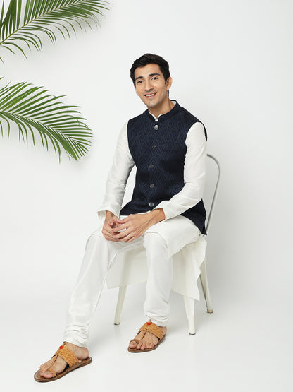 Men's Navy Blue Polyester Jacquard Jackets