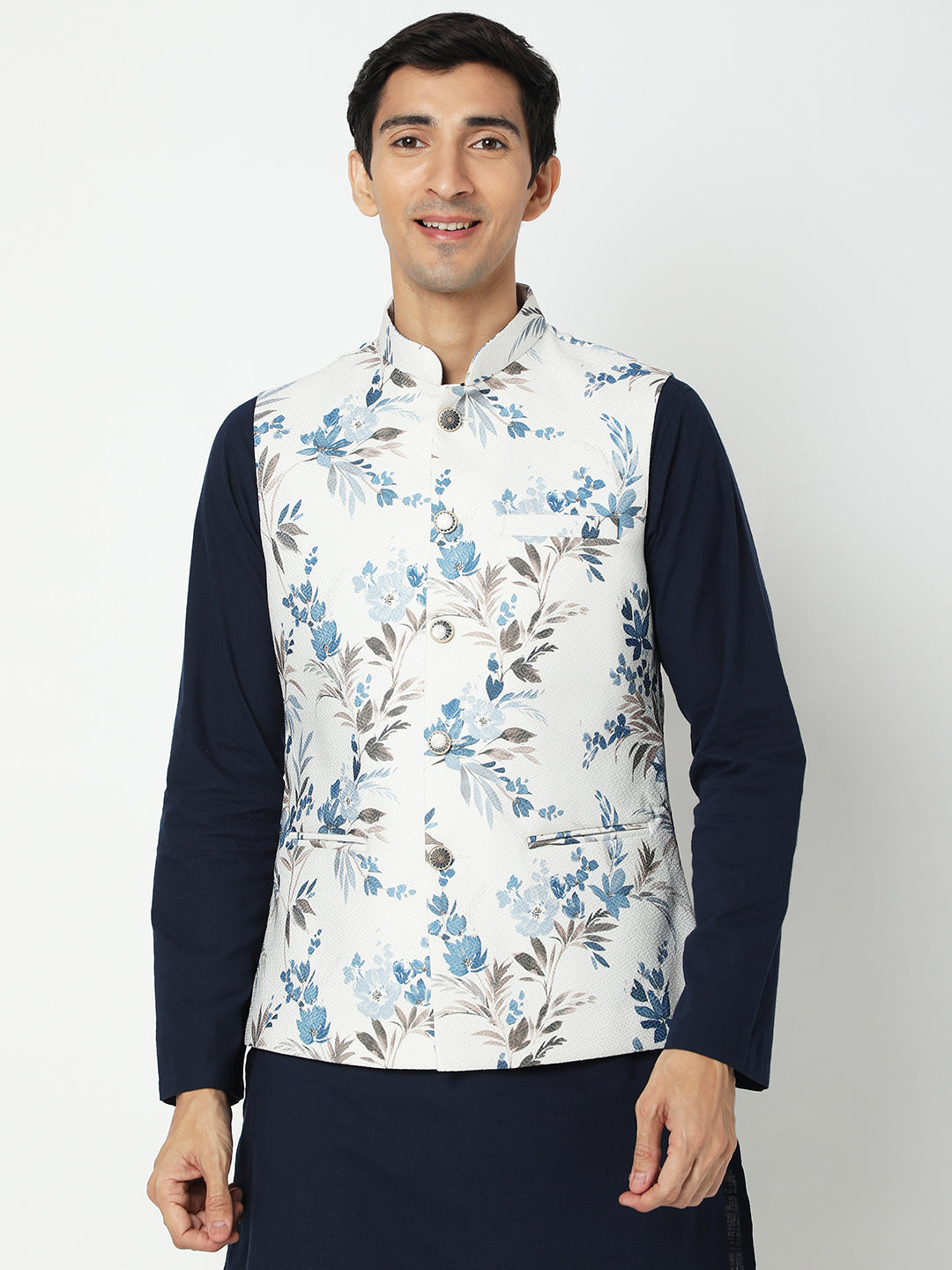Men's White Polyester Floral Jackets
