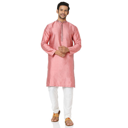 Men's Onion Pink Polyester Viscose Embroidery Kurta