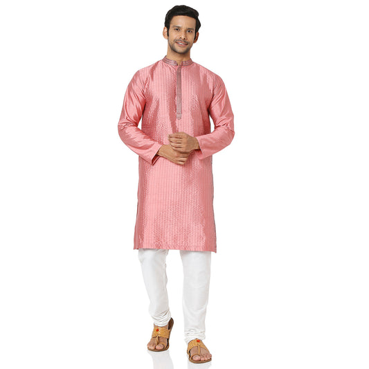 Men's Onion Pink Polyester Viscose Embroidery Kurta