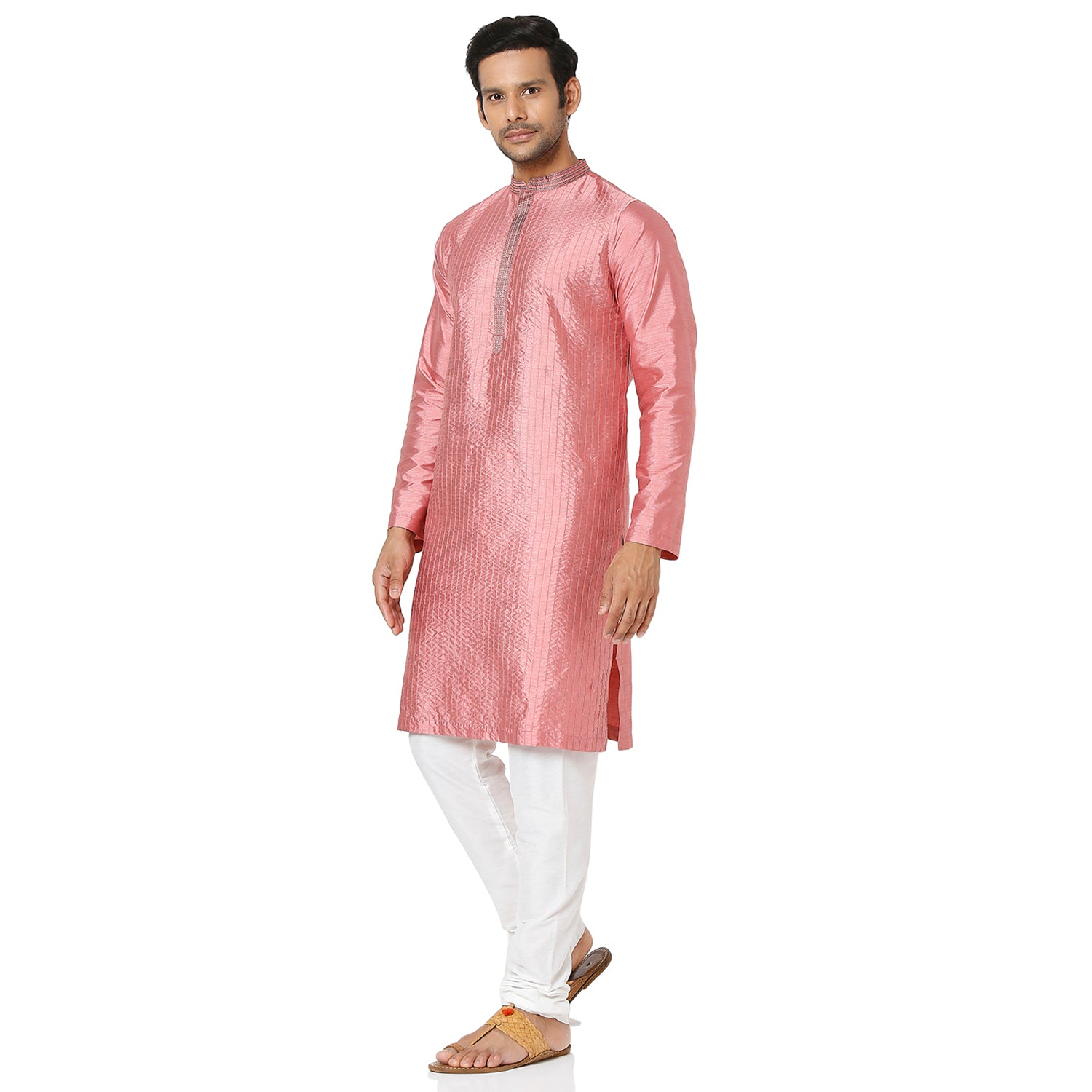 Men's Onion Pink Polyester Viscose Embroidery Kurta