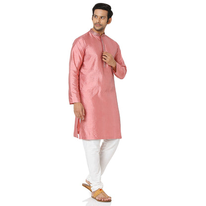 Men's Onion Pink Polyester Viscose Embroidery Kurta