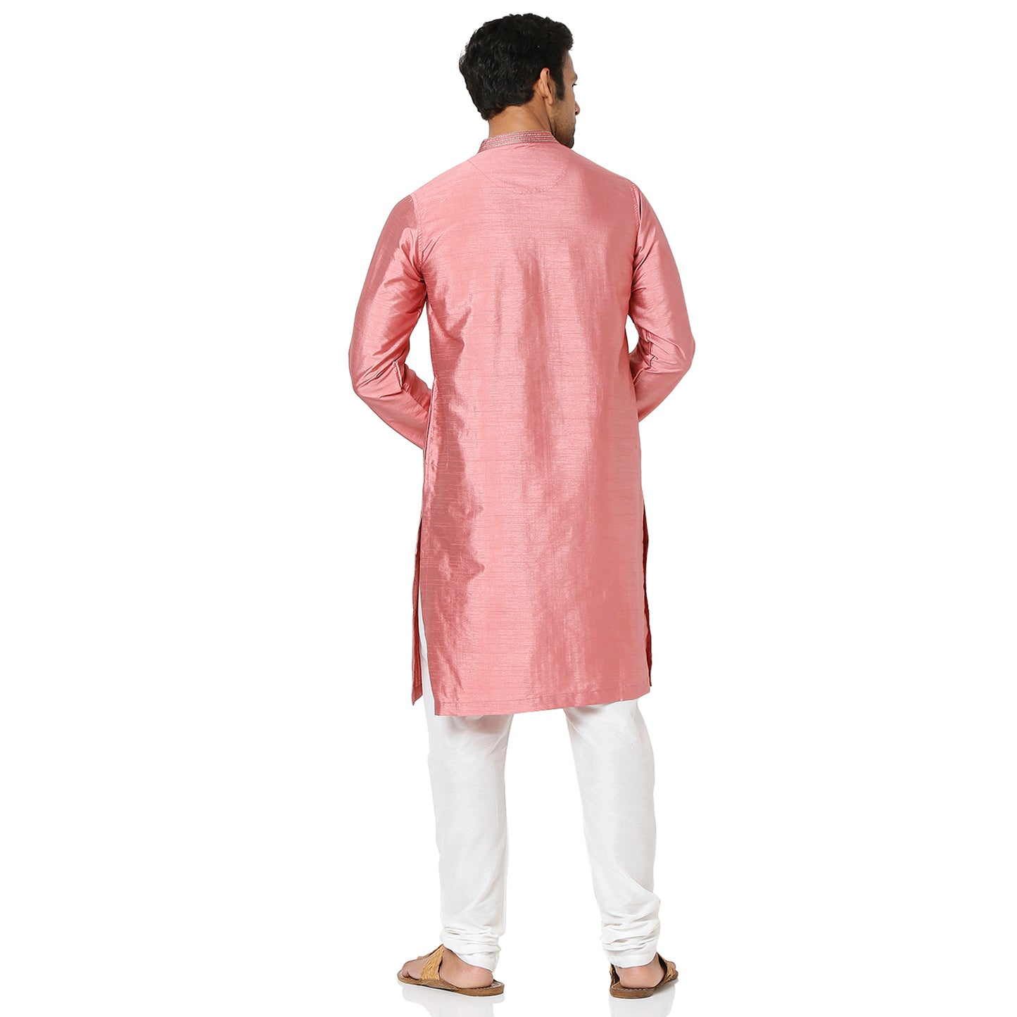 Men's Onion Pink Polyester Viscose Embroidery Kurta
