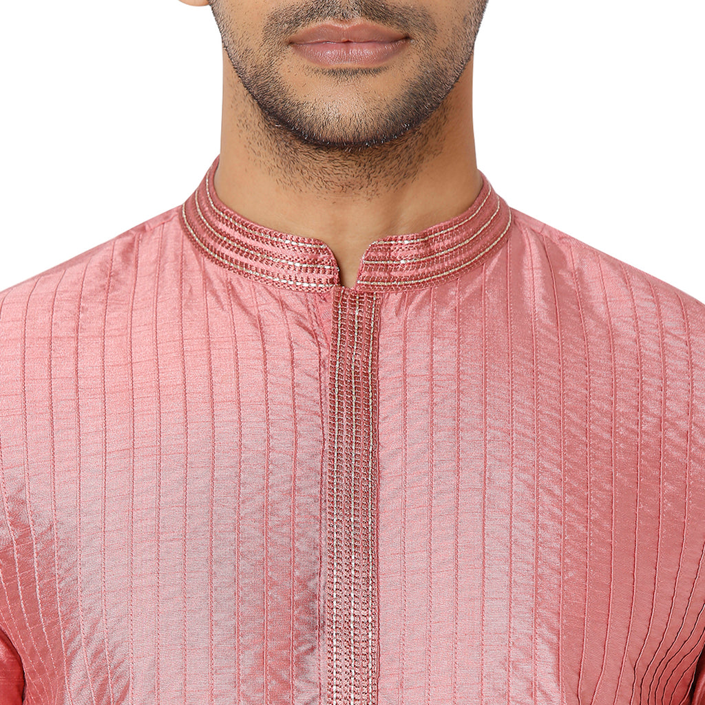 Men's Onion Pink Polyester Viscose Embroidery Kurta