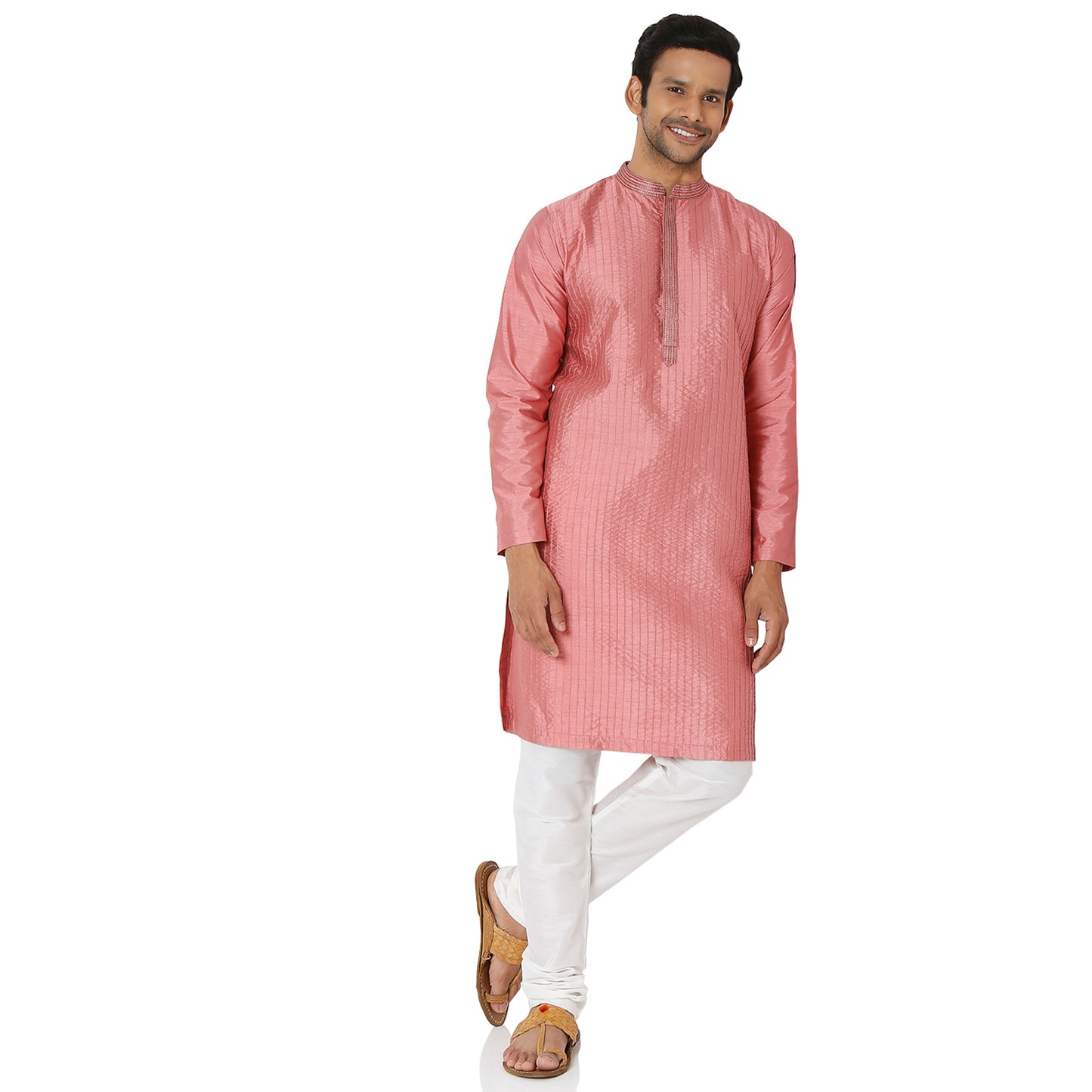 Men's Onion Pink Polyester Viscose Embroidery Kurta