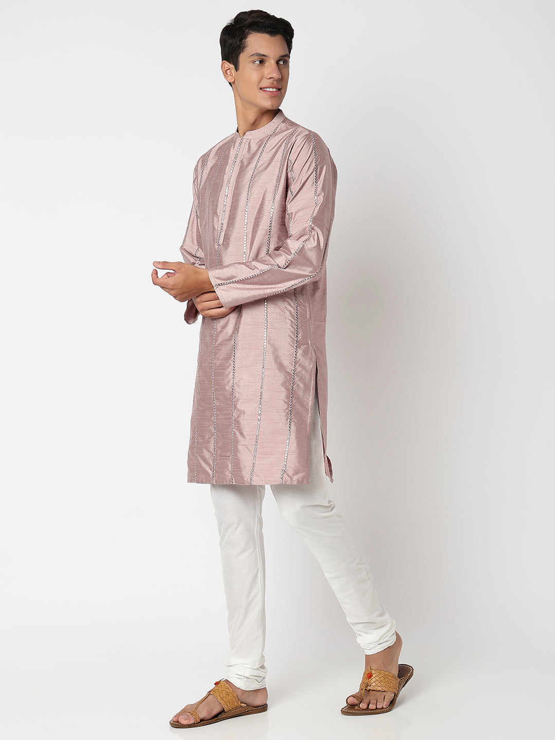 Men Wearing Lilac Polyester Embroidered Kurta