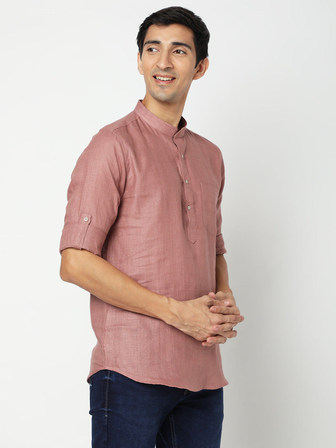Matchles Men's Pink Linen Solid Kurta