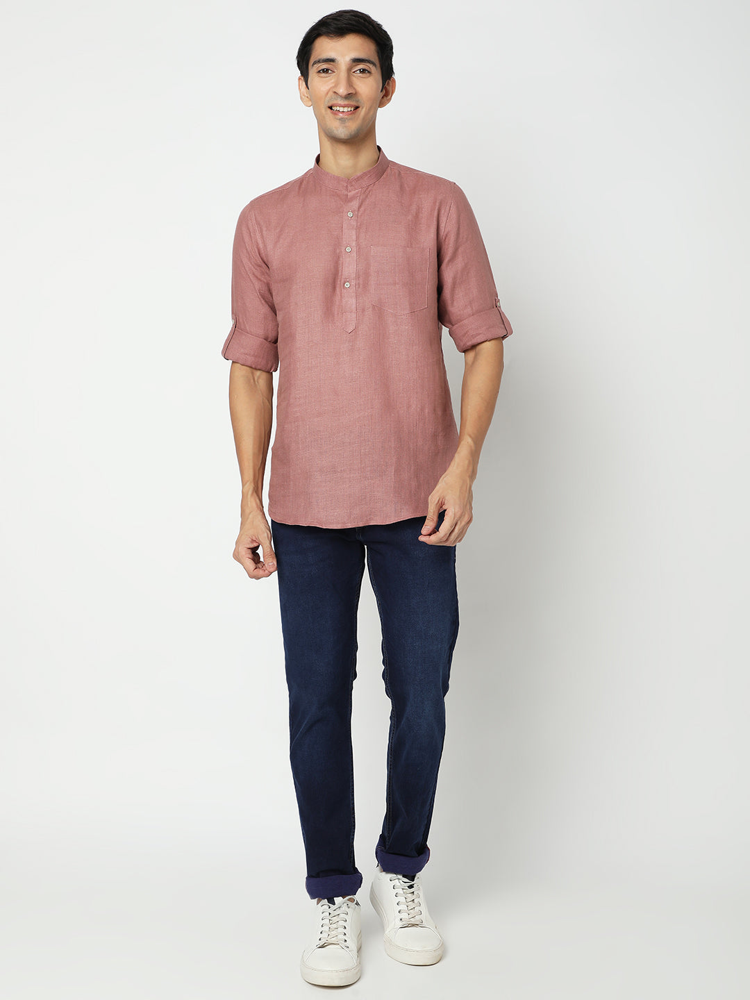 Matchles Men's Pink Linen Solid Kurta