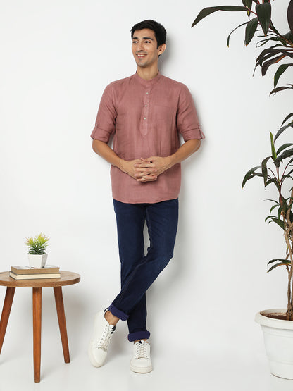 Matchles Men's Pink Linen Solid Kurta