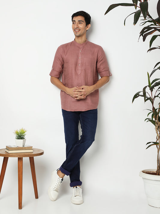 Matchles Men's Pink Linen Solid Kurta