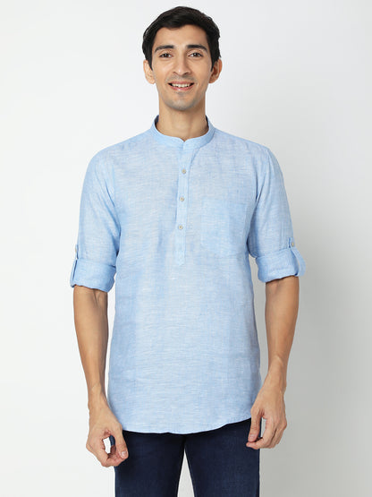 Matchles Men's Sky Blue Linen Solid Kurta