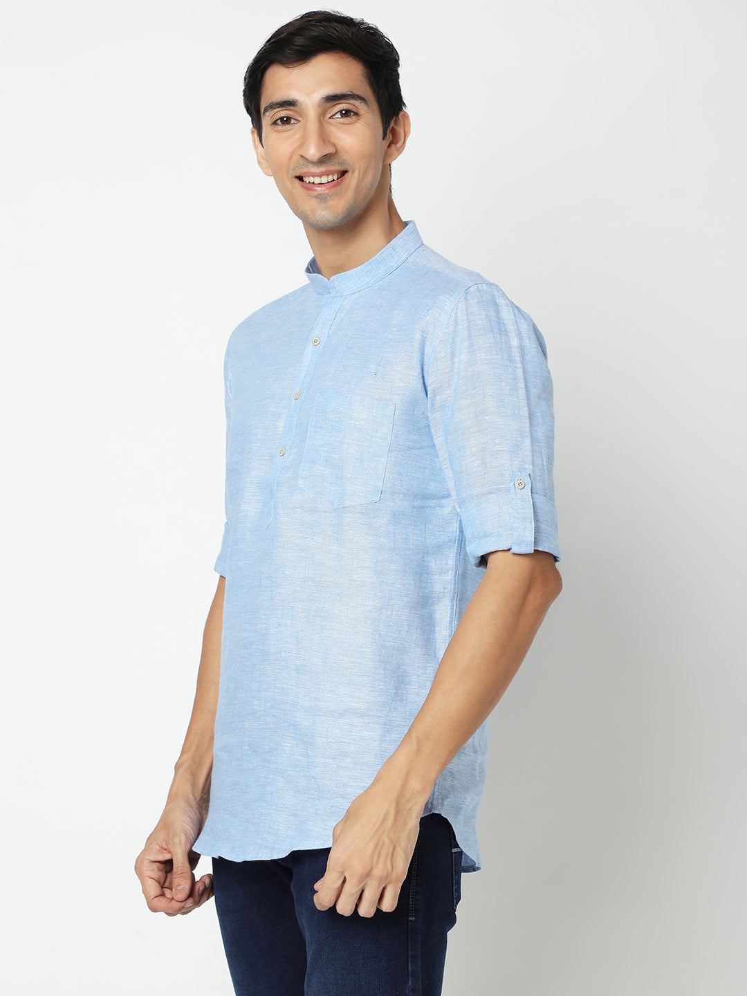 Matchles Men's Sky Blue Linen Solid Kurta