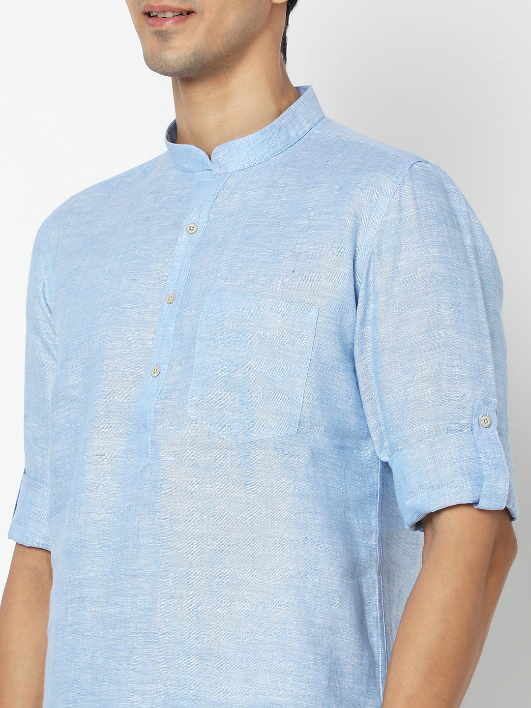 Matchles Men's Sky Blue Linen Solid Kurta
