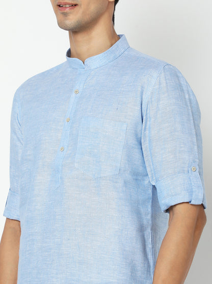 Matchles Men's Sky Blue Linen Solid Kurta