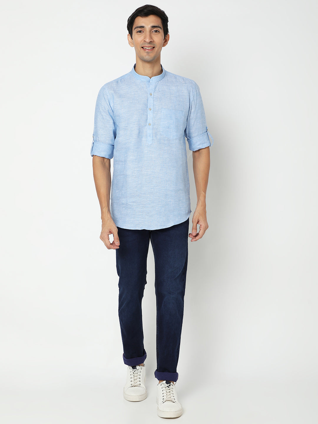 Matchles Men's Sky Blue Linen Solid Kurta