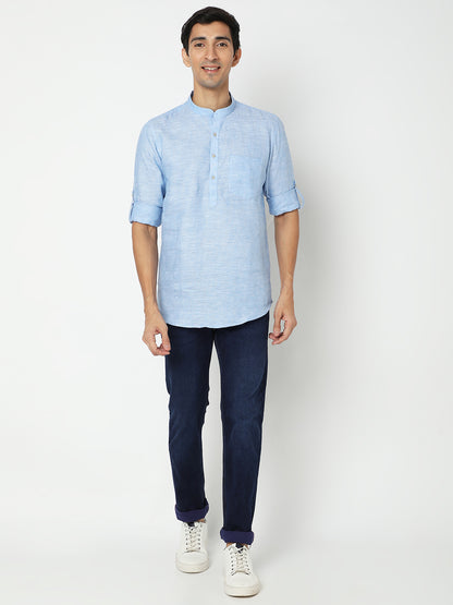 Matchles Men's Sky Blue Linen Solid Kurta