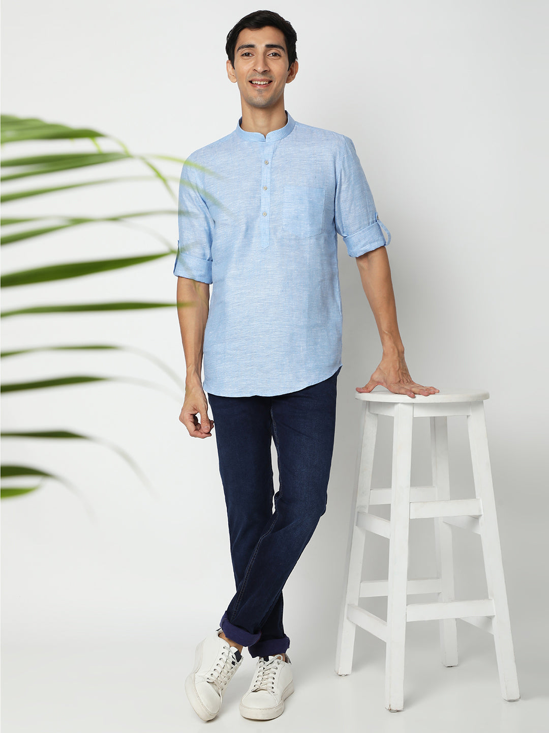 Matchles Men's Sky Blue Linen Solid Kurta
