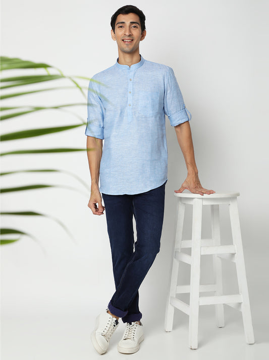 Matchles Men's Sky Blue Linen Solid Kurta