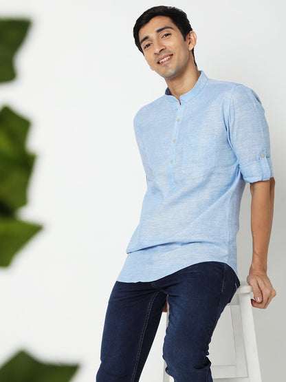 Matchles Men's Sky Blue Linen Solid Kurta