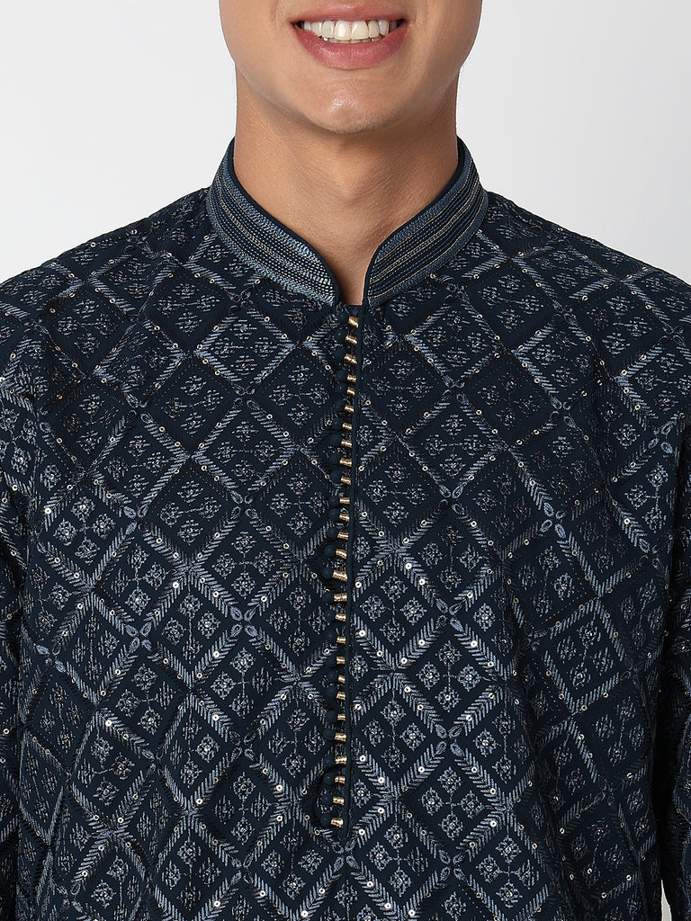 Men Wearing Navy Blue Polyester Embellished Kurta Set