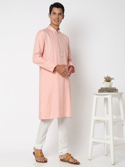Men Wearing Onion Pink Viscose Embroidered Kurta Set