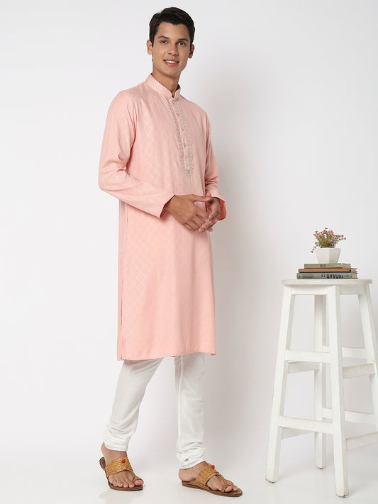 Men Wearing Onion Pink Viscose Embroidered Kurta Set